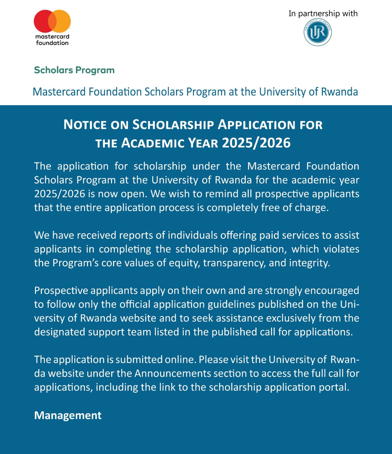 Announcement for the Mastercard Foundation Scholars Program at University of Rwanda for Undergraduate Studies