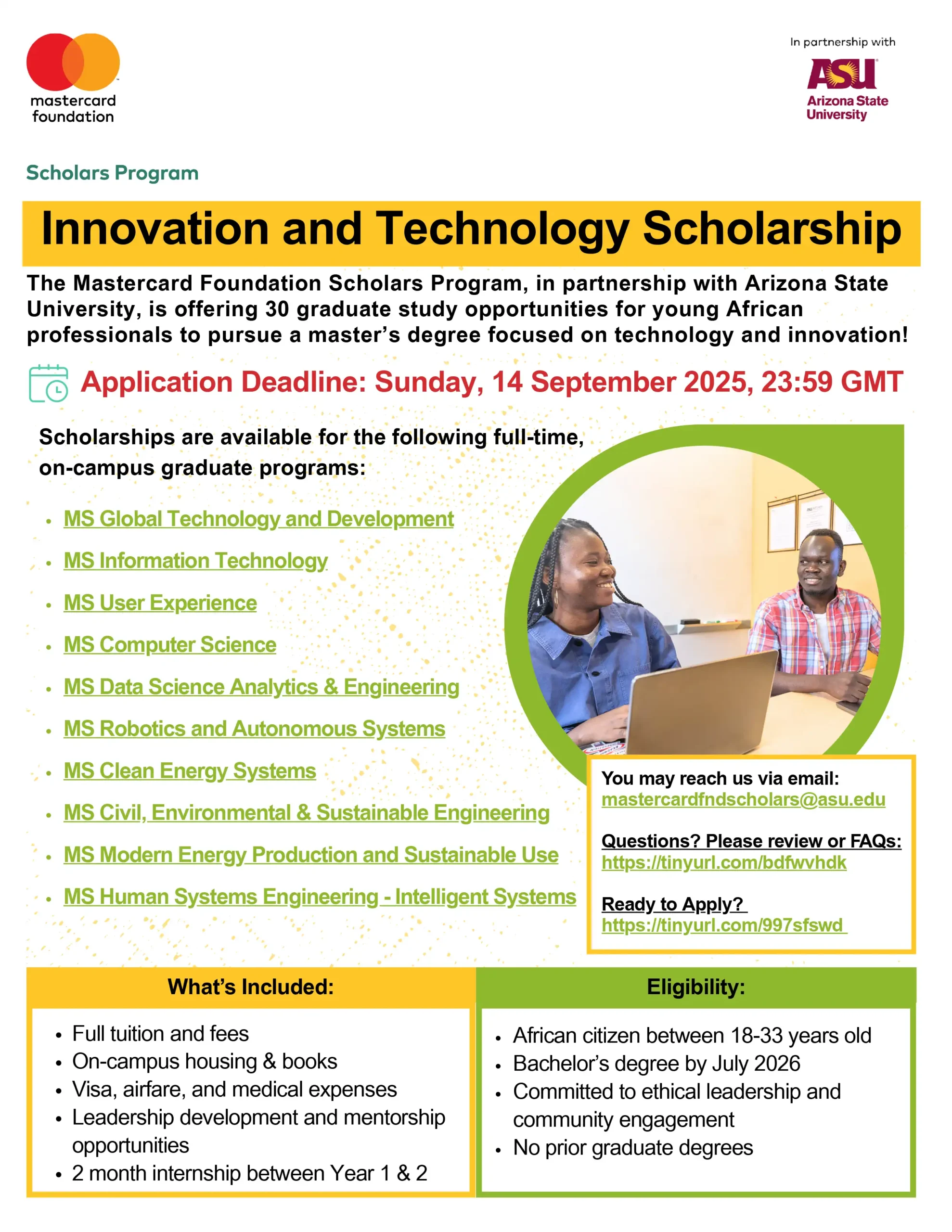 Mastercard Foundation - Innovation and Technology Scholarship at Arizona State University